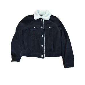 H&M Divided Black Faux Fur Lined Denim Sherpa Corduroy Jean Jacket  Size Small